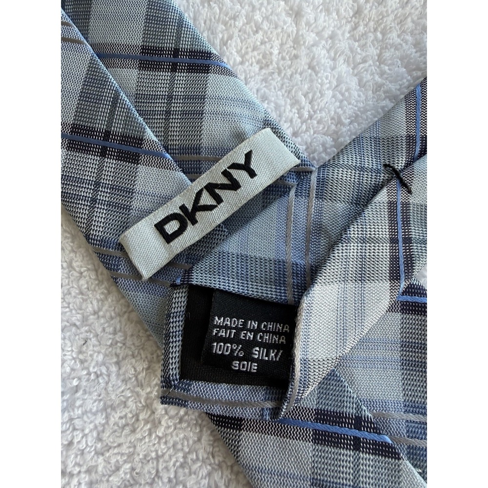 DKNY Blue Plaid Check Tartan Skinny 100% Silk Tie Necktie